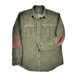 Vintage Polo Ralph Lauren Shirt Mens Corduroy Suede Elbow Patch Large Green L